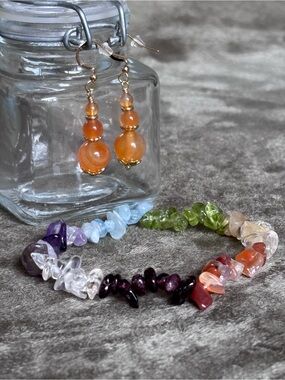 GENUINE Orange Agate Drop Earrings & Genuine Crystal Chakra Bracelet Jewelry Set
